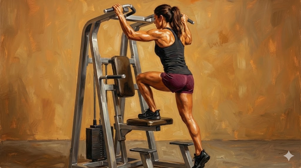 Glute step down on assisted pull up machine